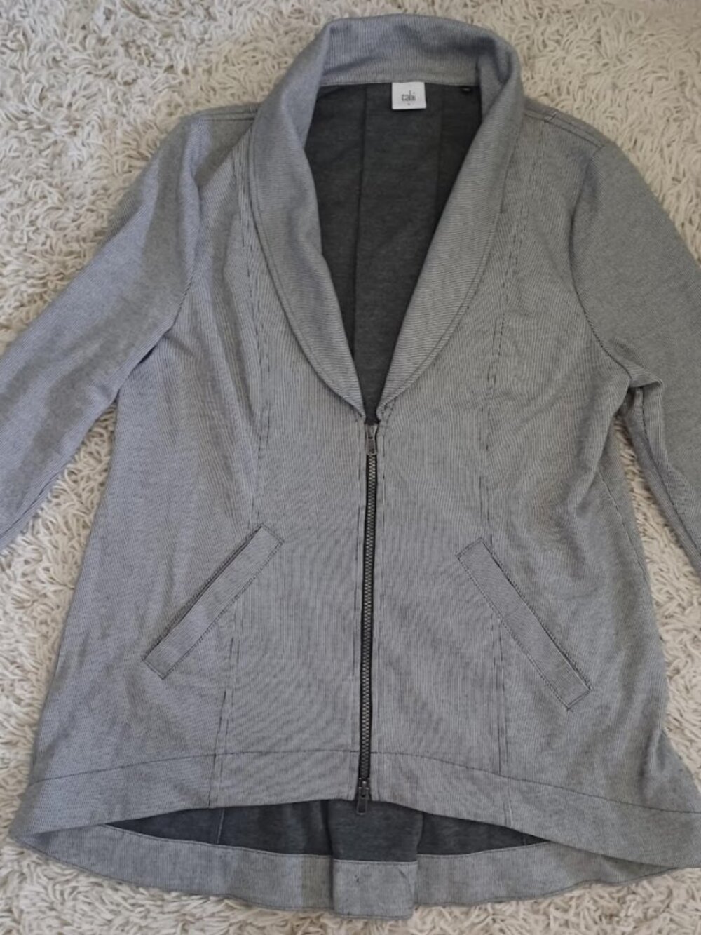 Cabi Style 5338 Large Gray Knit Zip Front Jacket Shawl Collar High Low Hem